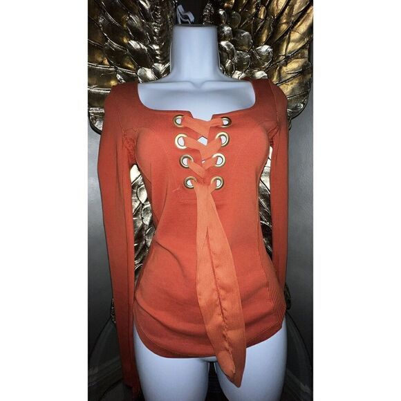 Free People Burnt Orange Lace Up Satin Ribbon Front Long Sleeve Top, Size Xsmall - Picture 5 of 13